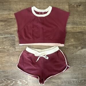 The Upside XS Burgundy/Cream 2pc Sleeveless Crewneck Sweatshirt & Shorts